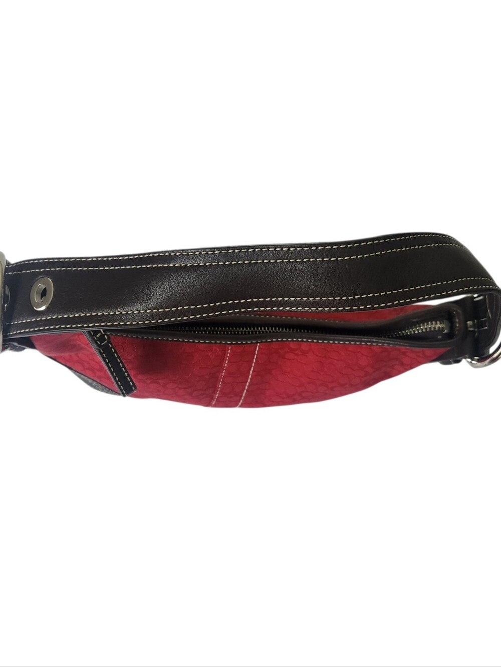 VGC COACH D062-2154 Signature Jacquard Shoulder Bag Red Y2K Brown Leather - Picture 8 of 12